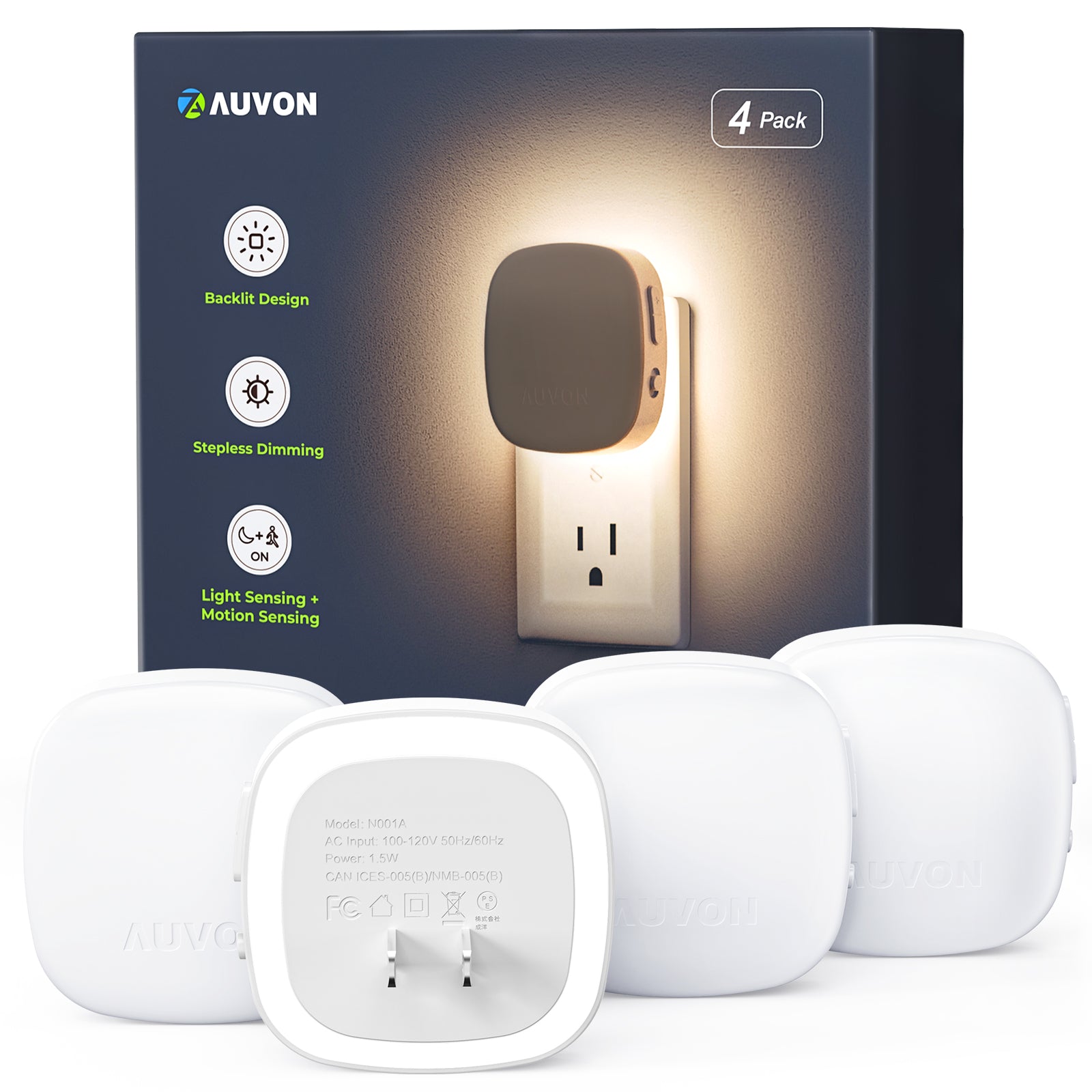AUVON Plug-in LED Backlit Night Light 4 Packs, Motion & Dusk to Dawn Sensor｜2200K Soft Warm White & 1600K Amber Nightlight with 1-50lm Dimmable Brightness for Bedroom, Bathroom, Hallway, Kitchen, Garage, Nursery