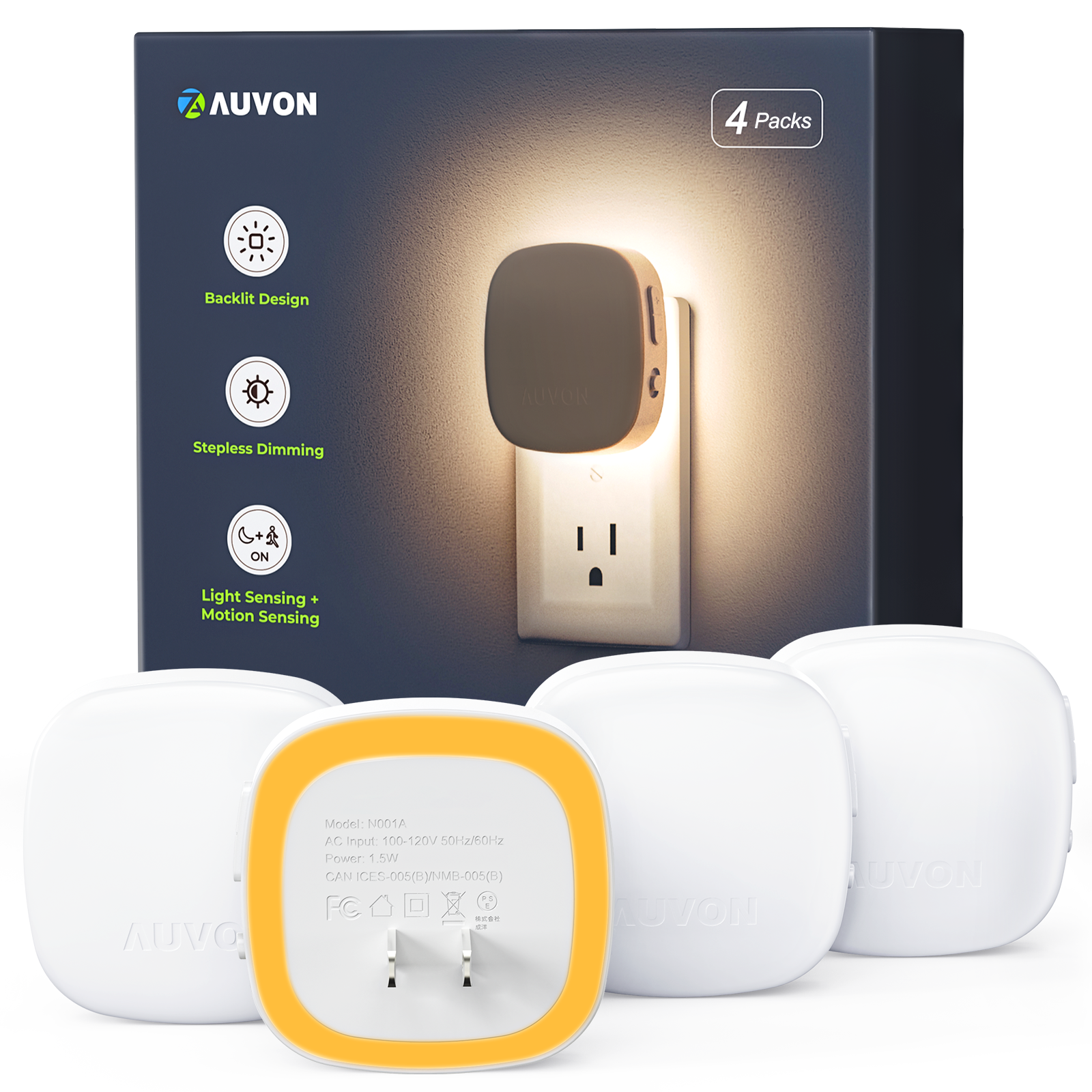 AUVON Plug-in LED Backlit Night Light 4 Packs, Motion & Dusk to Dawn Sensor｜2200K Soft Warm White & 1600K Amber Nightlight with 1-50lm Dimmable Brightness for Bedroom, Bathroom, Hallway, Kitchen, Garage, Nursery