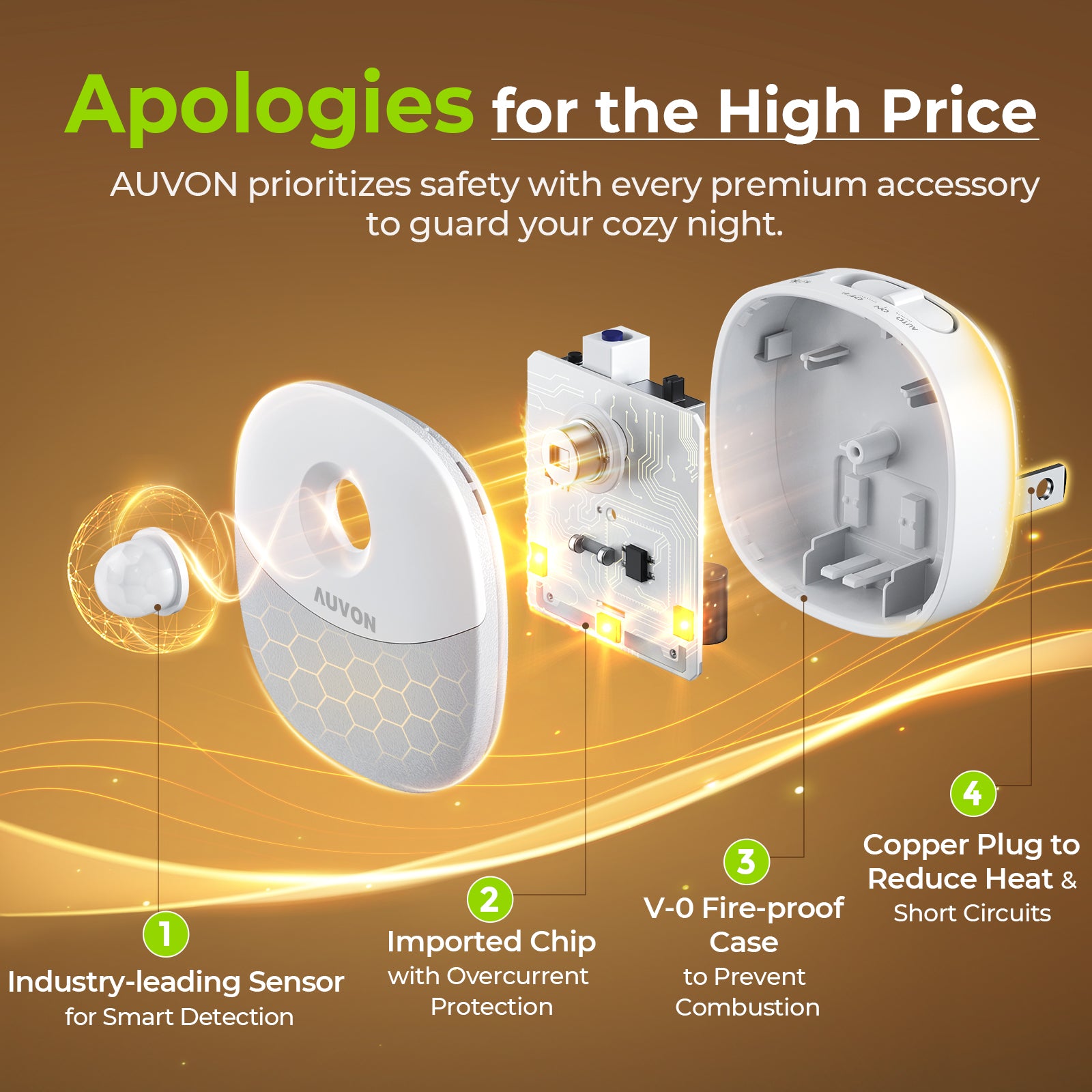 AUVON Plug-in Night Light, Motion Sensor and Dusk to Dawn Sensor, 4 Packs｜Mini Warm White LED Nightlight with 1-50 lm Adjustable Brightness for Bedroom, Bathroom, Hallway, Kitchen, Garage, Baby Care