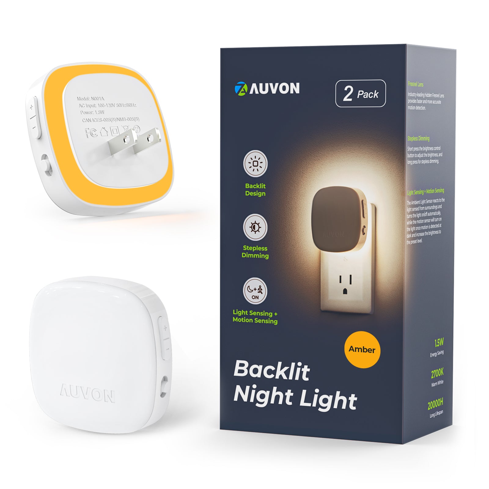 AUVON Plug-in LED Backlit Night Light, Motion & Dusk to Dawn Sensor, 2-Pack｜2200K Warm White & 1600K Amber Nightlight with 1-50lm Dimmable Brightness for Bedroom, Bathroom, Hallway, Kitchen, Garage, Stairs, Nursery