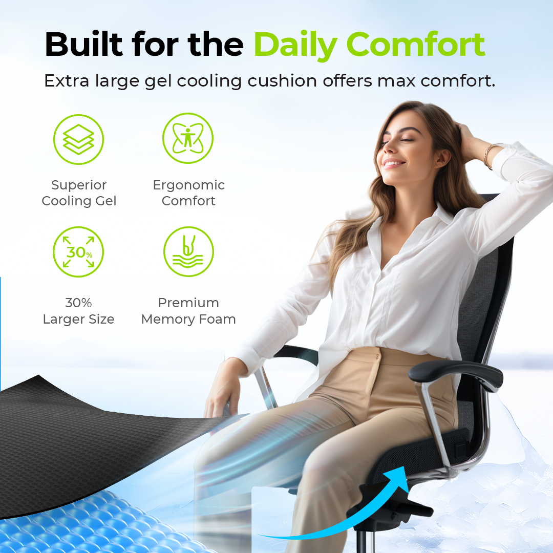 AUVON Gel Seat Cushion, Ergonomic Chair Cushion with Waterproof Silk Fabric, Anti-Slip Cover, Removable Strap