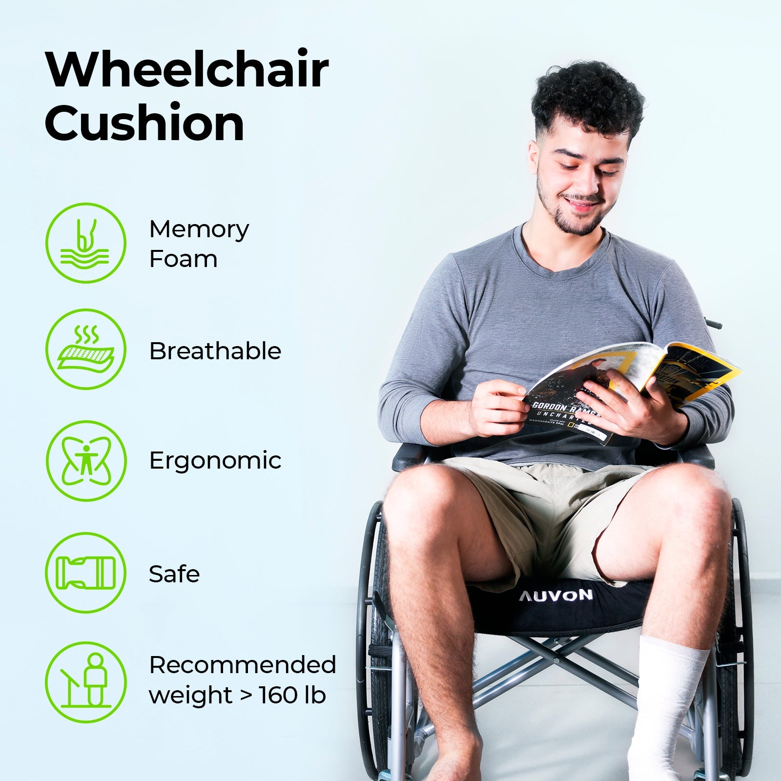 AUVON Wheelchair Seat Cushions (20"x16"x4") fMemory Foam Pressure Relief Cushion with Removable Strap, Breathable & Waterproof Fabric