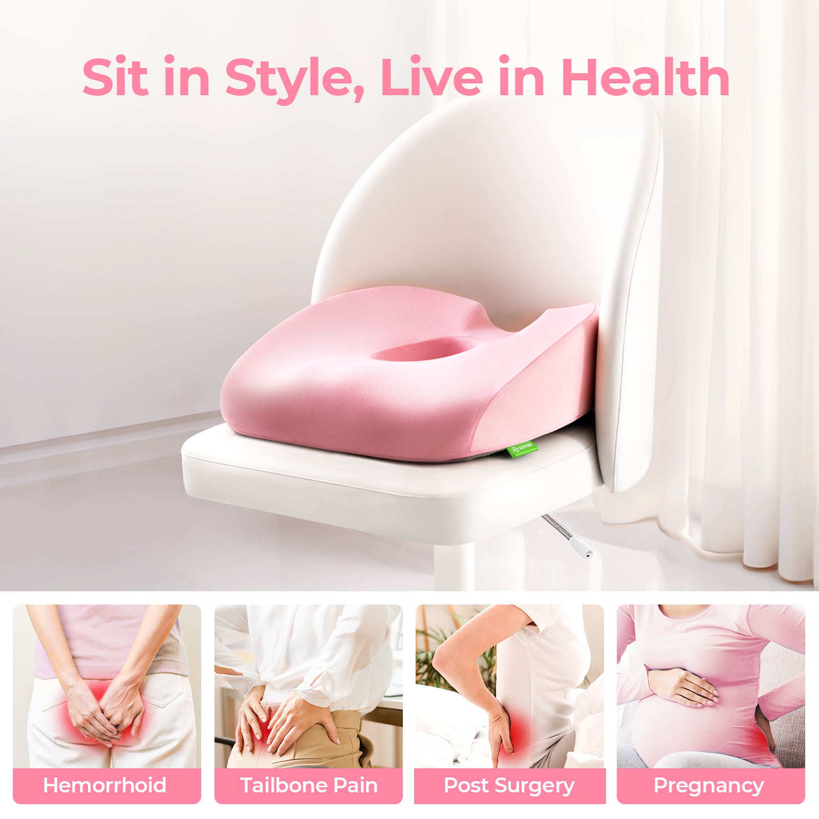 AUVON Innovation Donut Pillow Hemorrhoids Scientific Center Hole & U-Shaped Cutout, Orthopedic Memory Foam Seat Cushion, Pink