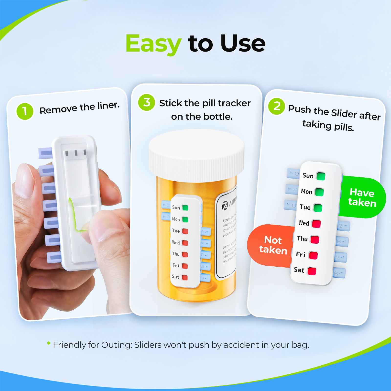 AUVON Pill Reminder, Reusable Pill Tracker with Anti-Slide Design, 2 Pack Efficient Weekly Tracking without Filling, Wide Compatibility for Different Pill Bottle Sizes, 4 Extra Tapes