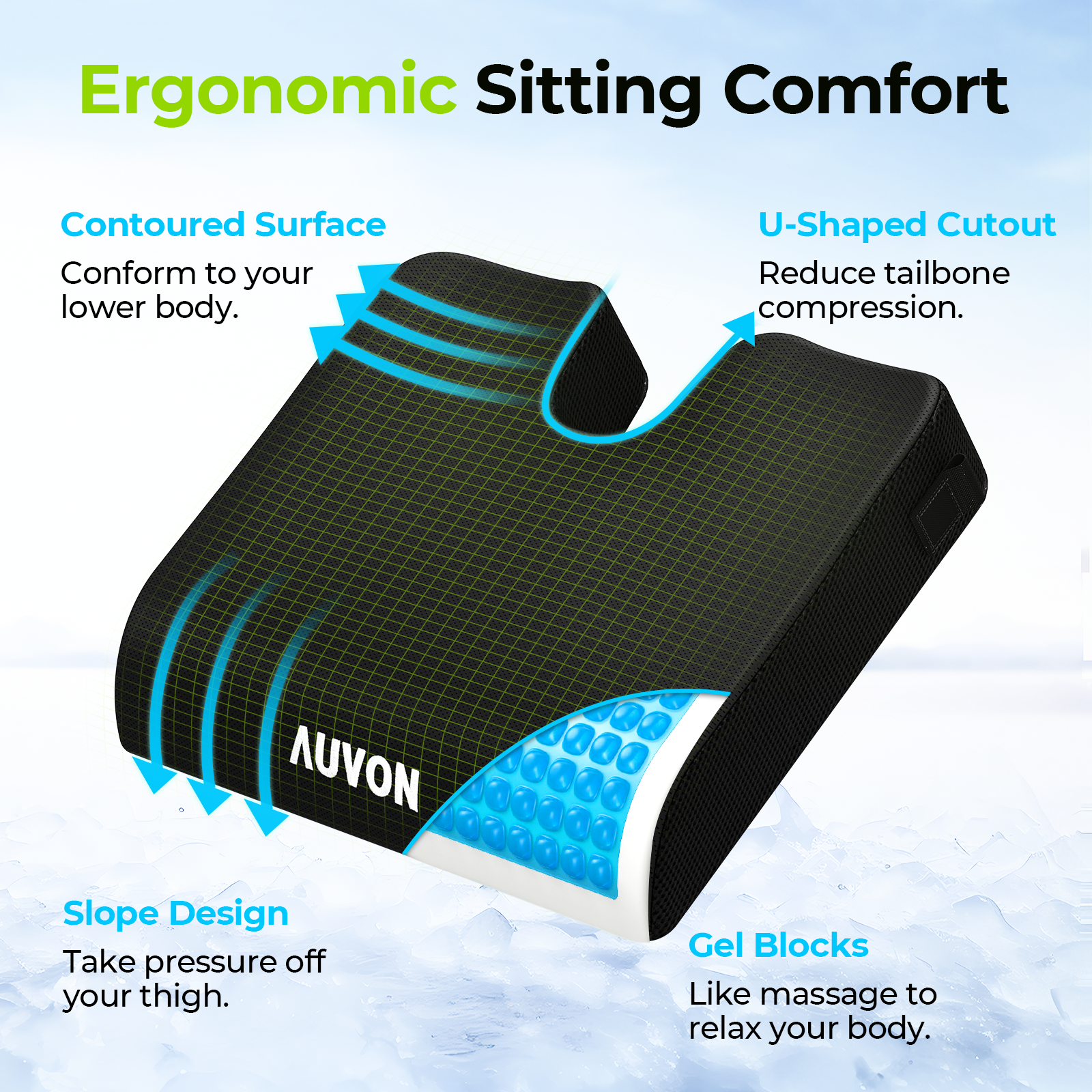 AUVON Gel Wheelchair Seat Cushion 20 inch x 16 inch x 4 inch, Ergonomic Chair Cushion with Waterproof Silk Fabric, Anti-Slip Cover, Removable Strap