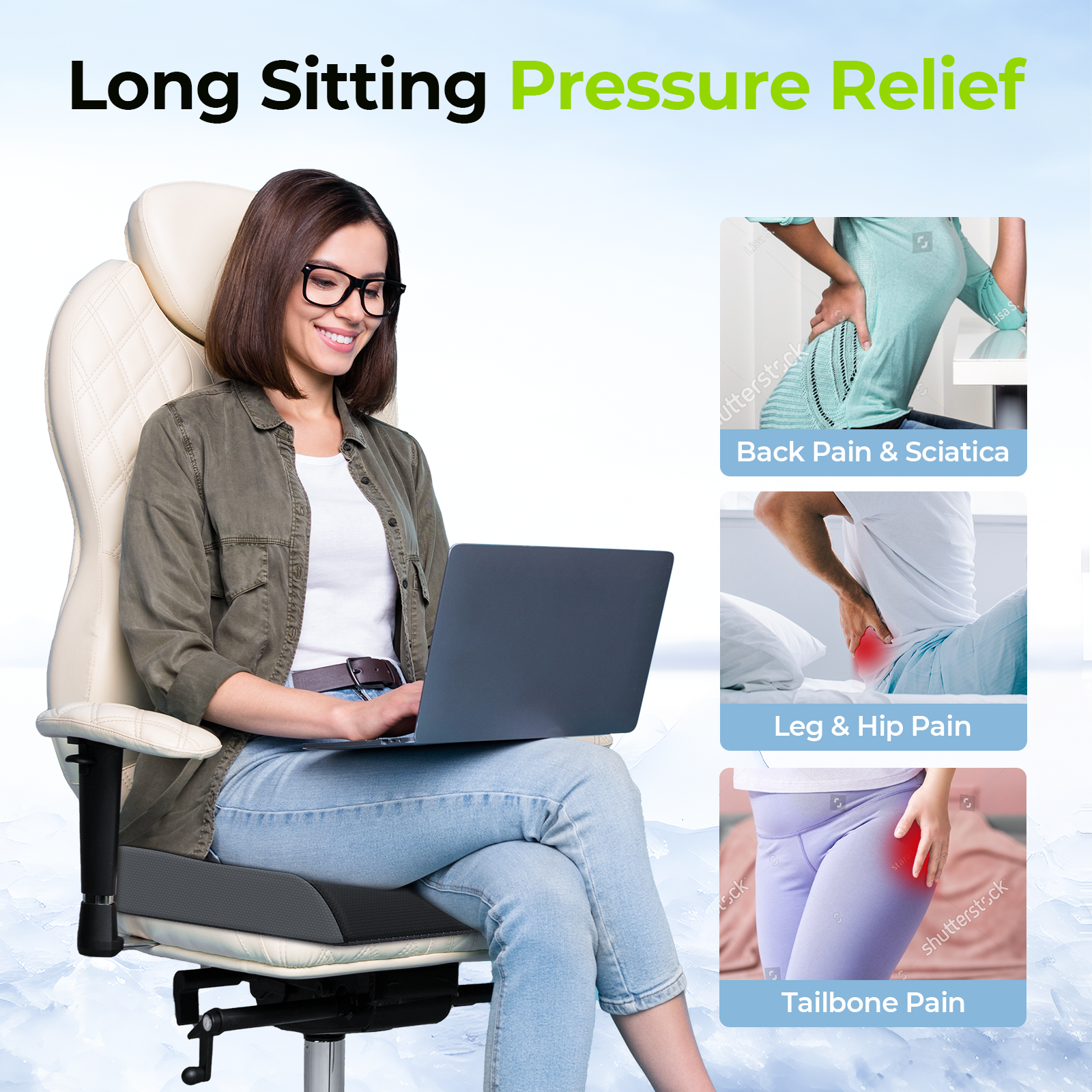 AUVON Cooling Gel Seat Cushion for Office Chair. Non-Slip Pressure Relief Coccyx Cushion