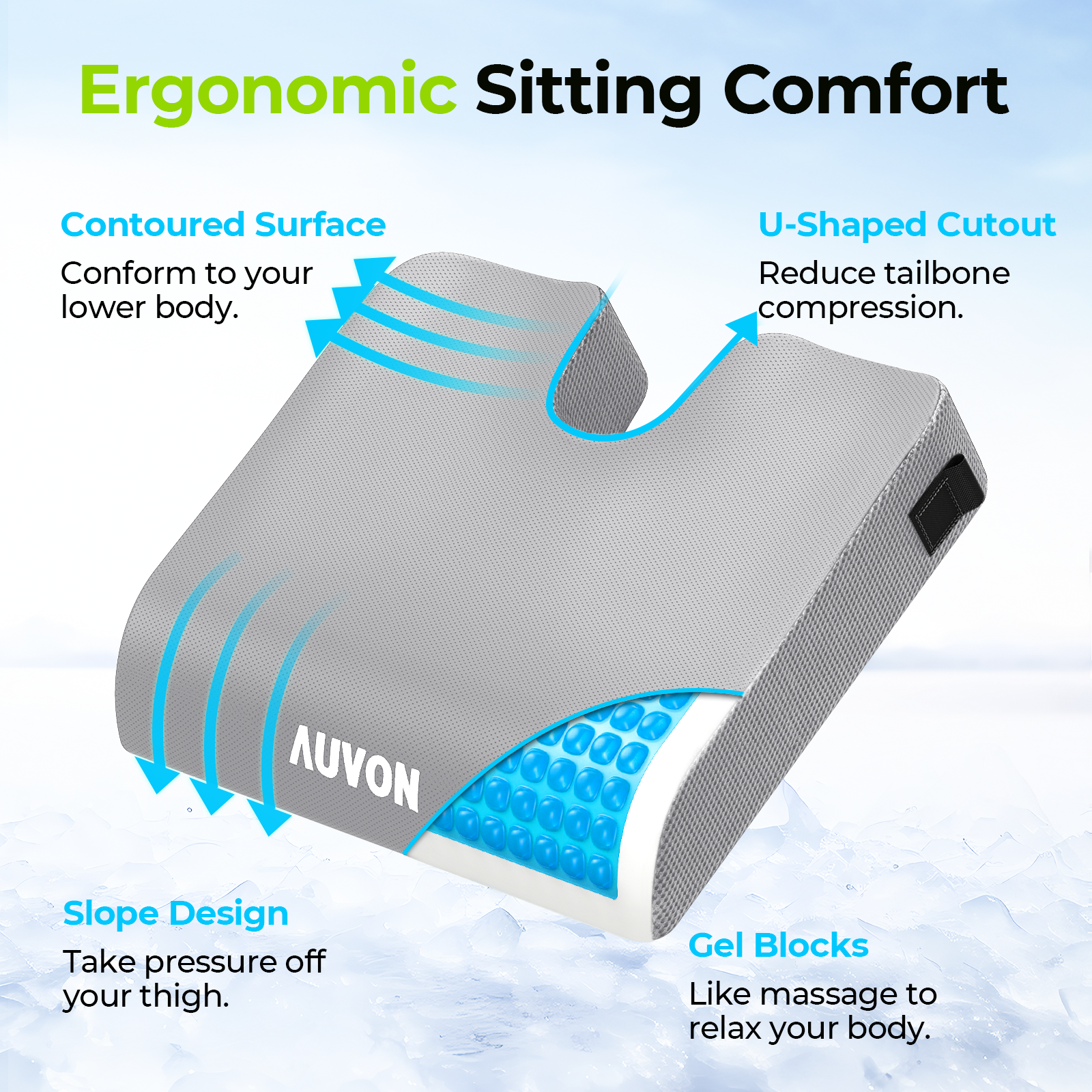 AUVON Gel Wheelchair Seat Cushion,  Refreshing & Ergonomic Chair Cushion with Waterproof Silk Fabric, Anti-Slip Cover, Removable Strap