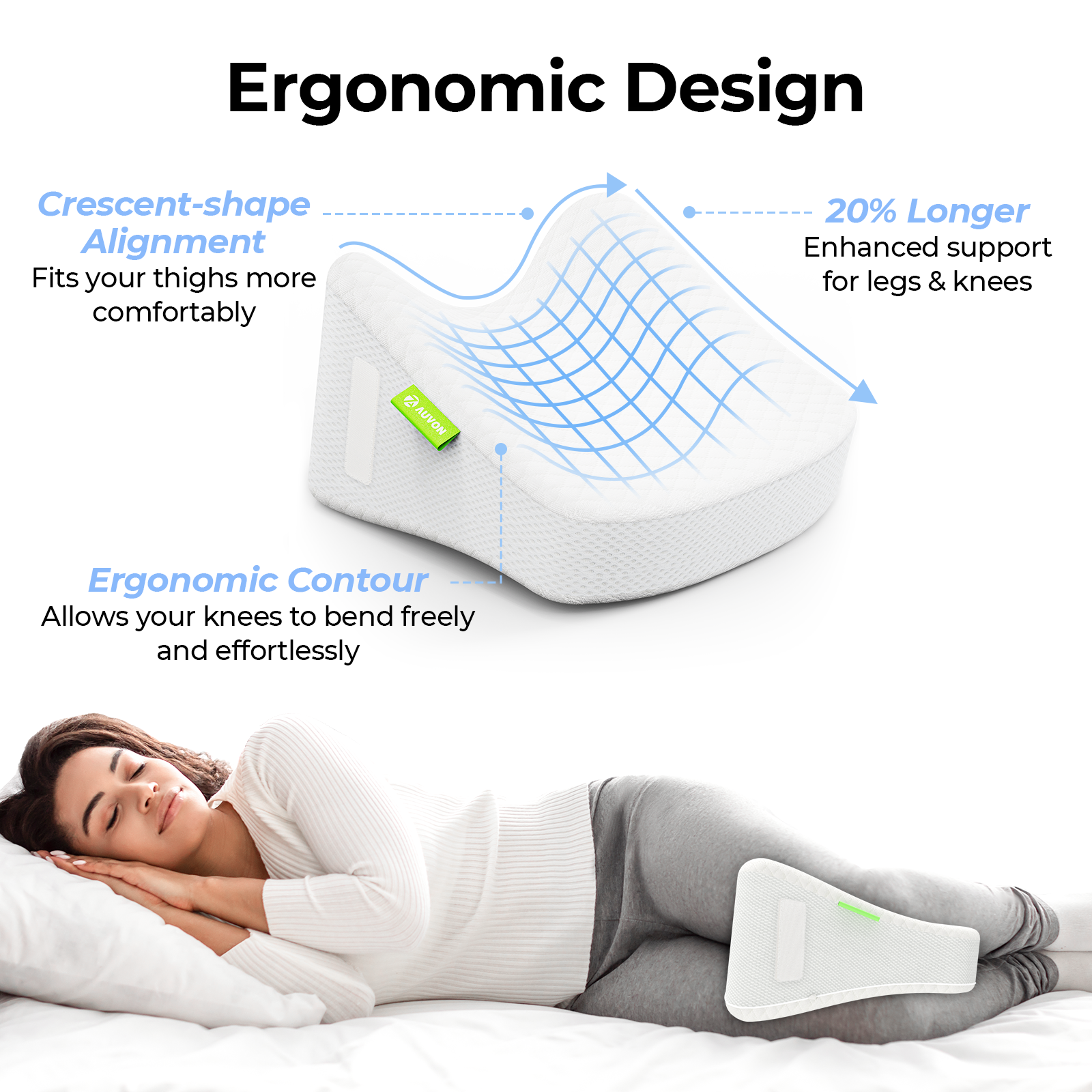 AUVON Contoured Leg Knee Pillow for Sleeping, Cooling Memory Foam Leg Pillow for Sciatica, Back, Knee and Joint Pain Relief, Helps Spine Alignment, Wedge Pillow for Side Sleepers with Removable Strap