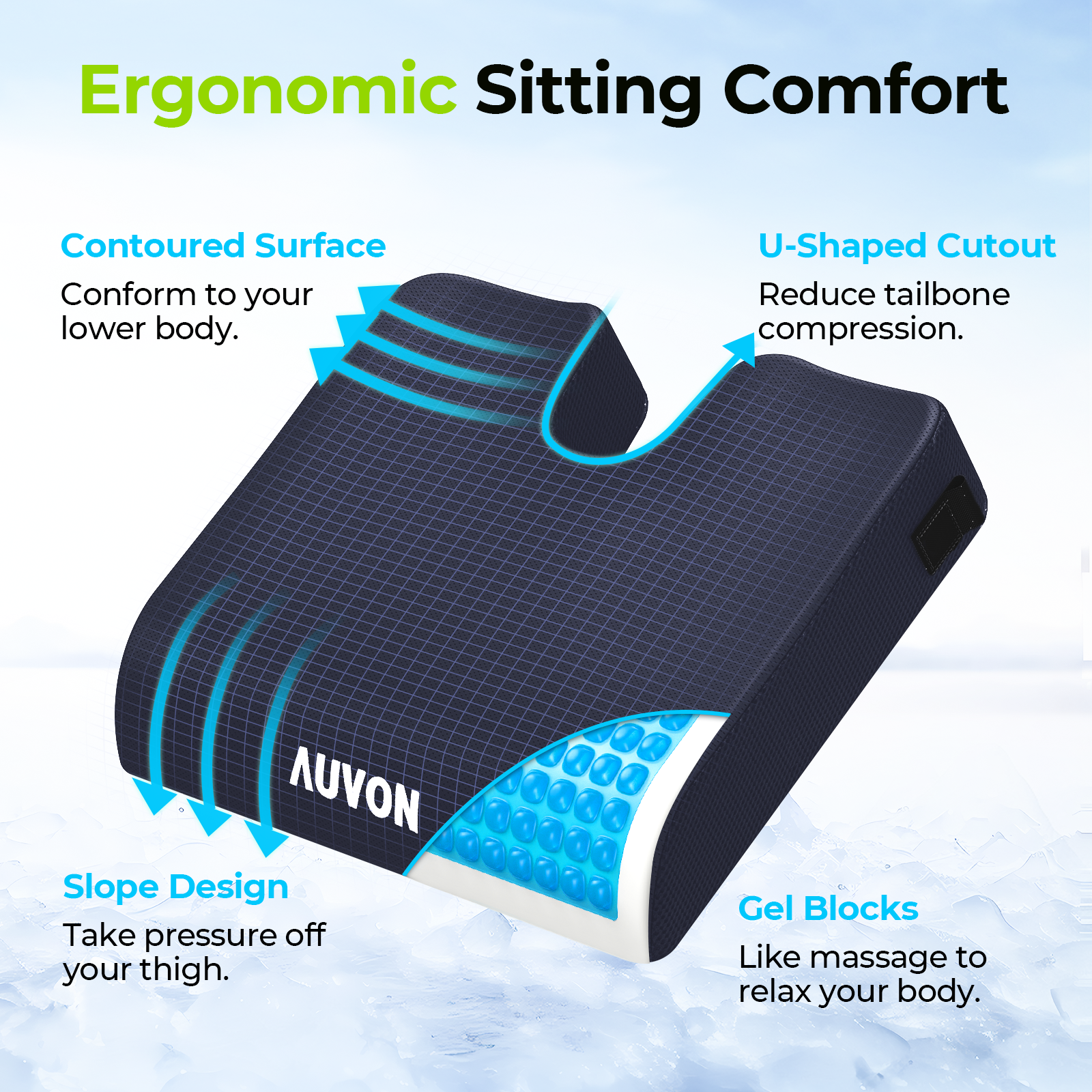 AUVON Gel Wheelchair Seat Cushion, Ergonomic Chair Cushion with Waterproof Silk Fabric, Anti-Slip Cover, Removable Strap(Blue)