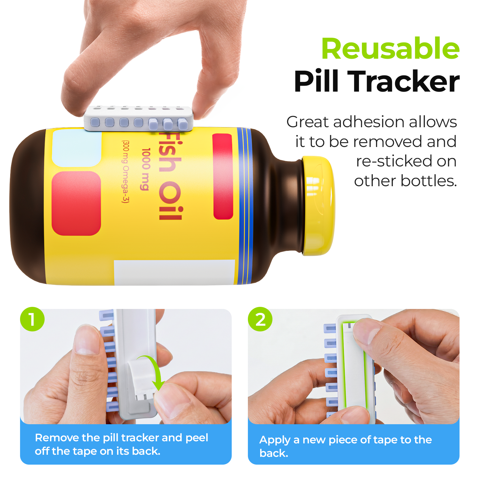 AUVON Pill Reminder, Reusable Pill Tracker with Anti-Slide Design, 2 Pack Efficient Weekly Tracking without Filling, Wide Compatibility for Different Pill Bottle Sizes, 4 Extra Tapes