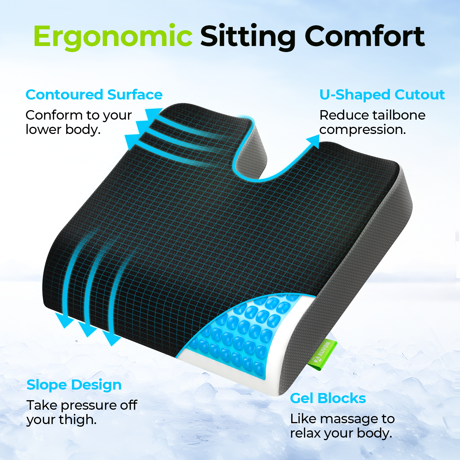 AUVON Cooling Gel Seat Cushion for Office Chair. Non-Slip Pressure Relief Coccyx Cushion