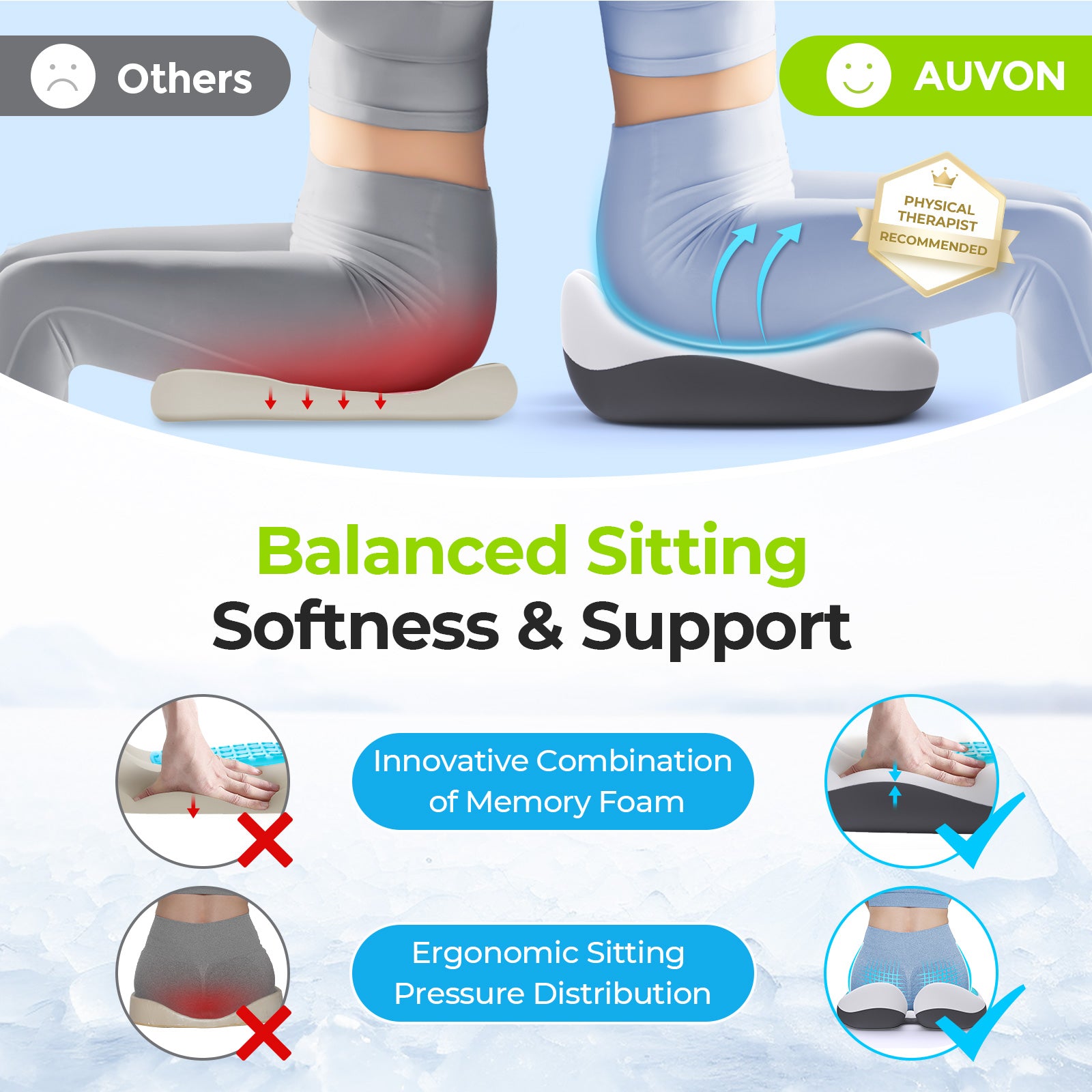 AUVON Multi-Layer Composite Seat Cushion for Ideal Support & Softness, Office Chair Cushion with Cooling Gel Layer, Memory Foam Seat Cushion