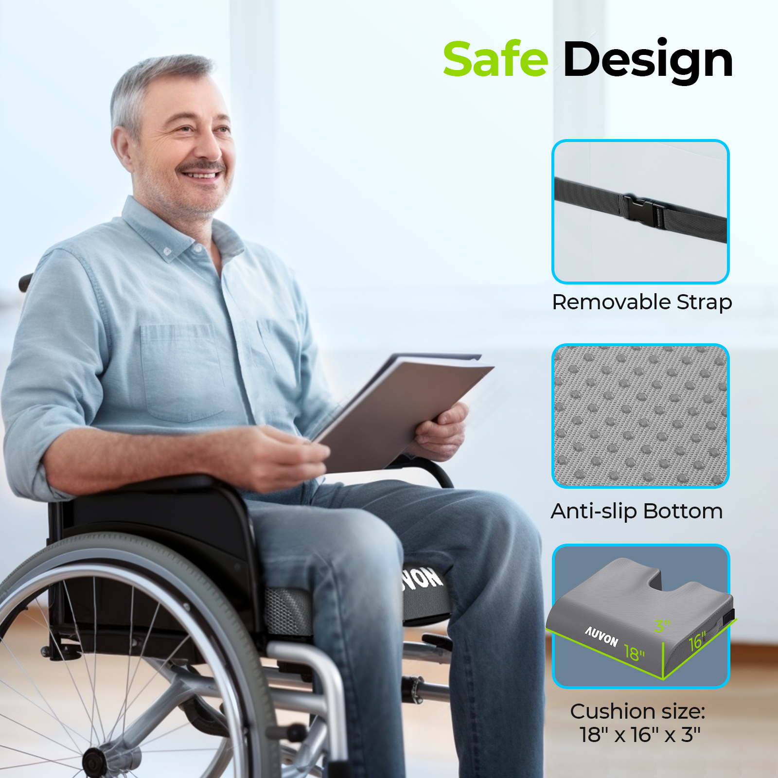 AUVON Gel Wheelchair Seat Cushion,  Refreshing & Ergonomic Chair Cushion with Waterproof Silk Fabric, Anti-Slip Cover, Removable Strap