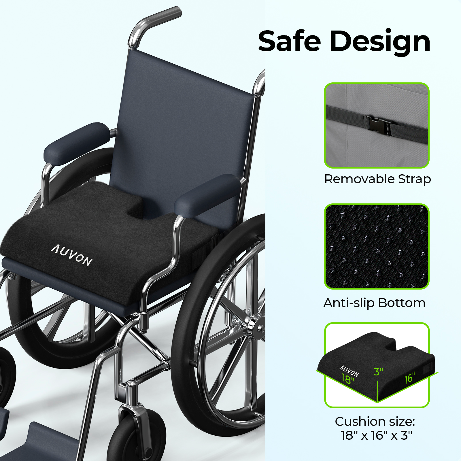 AUVON Wheelchair Seat Cushions (20"x16"x4") fMemory Foam Pressure Relief Cushion with Removable Strap, Breathable & Waterproof Fabric