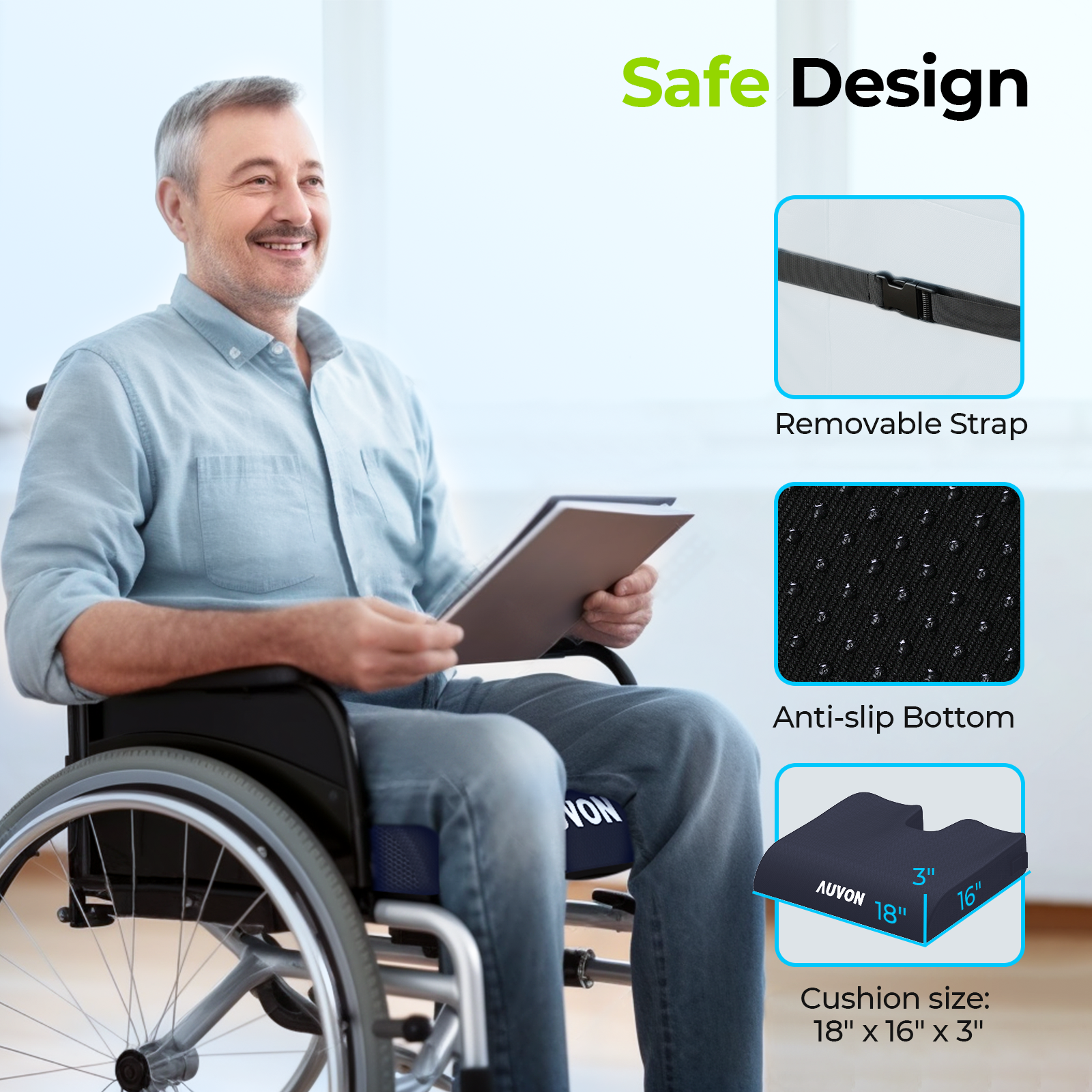 AUVON Gel Wheelchair Seat Cushion, Ergonomic Chair Cushion with Waterproof Silk Fabric, Anti-Slip Cover, Removable Strap(Blue)