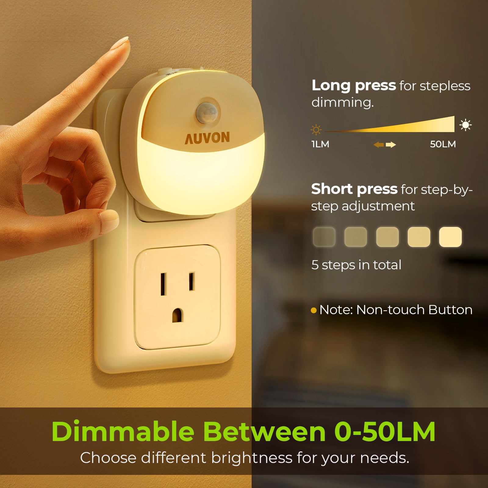 AUVON Plug-in Night Light, Motion Sensor and Dusk to Dawn Sensor, 4 Packs｜Mini Warm White LED Nightlight with 1-50 lm Adjustable Brightness for Bedroom, Bathroom, Hallway, Kitchen, Garage, Baby Care