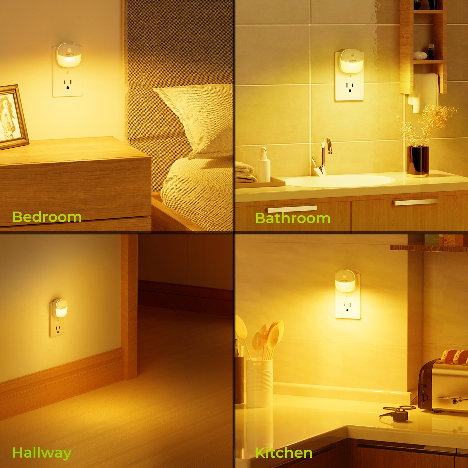 AUVON Plug-in Night Light, Motion Sensor and Dusk to Dawn Sensor, 4 Packs｜Mini Warm White LED Nightlight with 1-50 lm Adjustable Brightness for Bedroom, Bathroom, Hallway, Kitchen, Garage, Baby Care