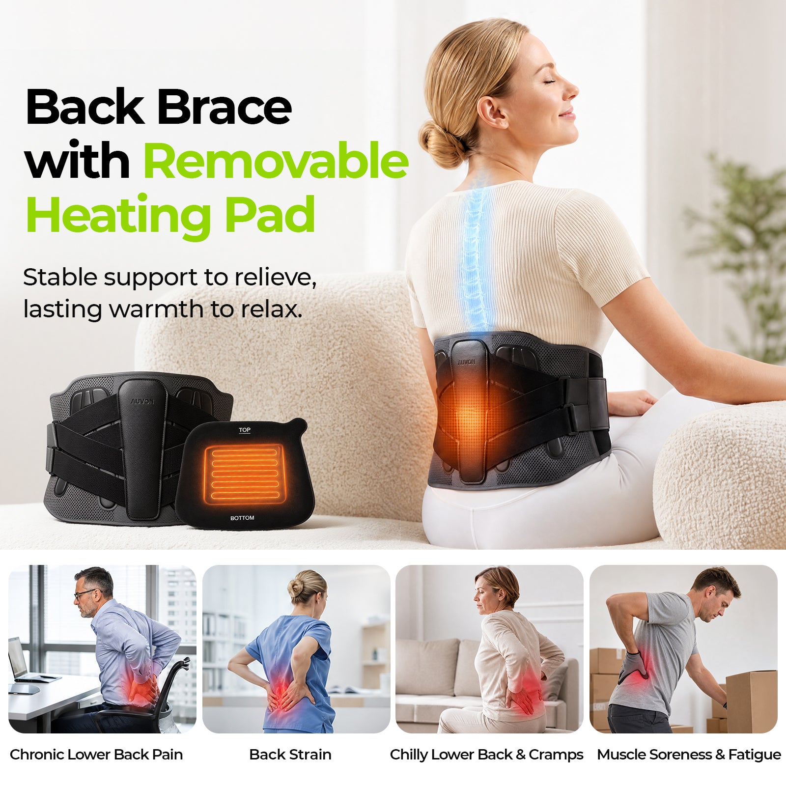 AUVON Back Brace for Lower Back Pain Relief, Removable Heating Pad to Relax Ergonomic 5-Stay Back Support Belt, Lumbar Support & Warmth for Men, Women, Breathable & Adjustable for Work, Heavy Lifting
