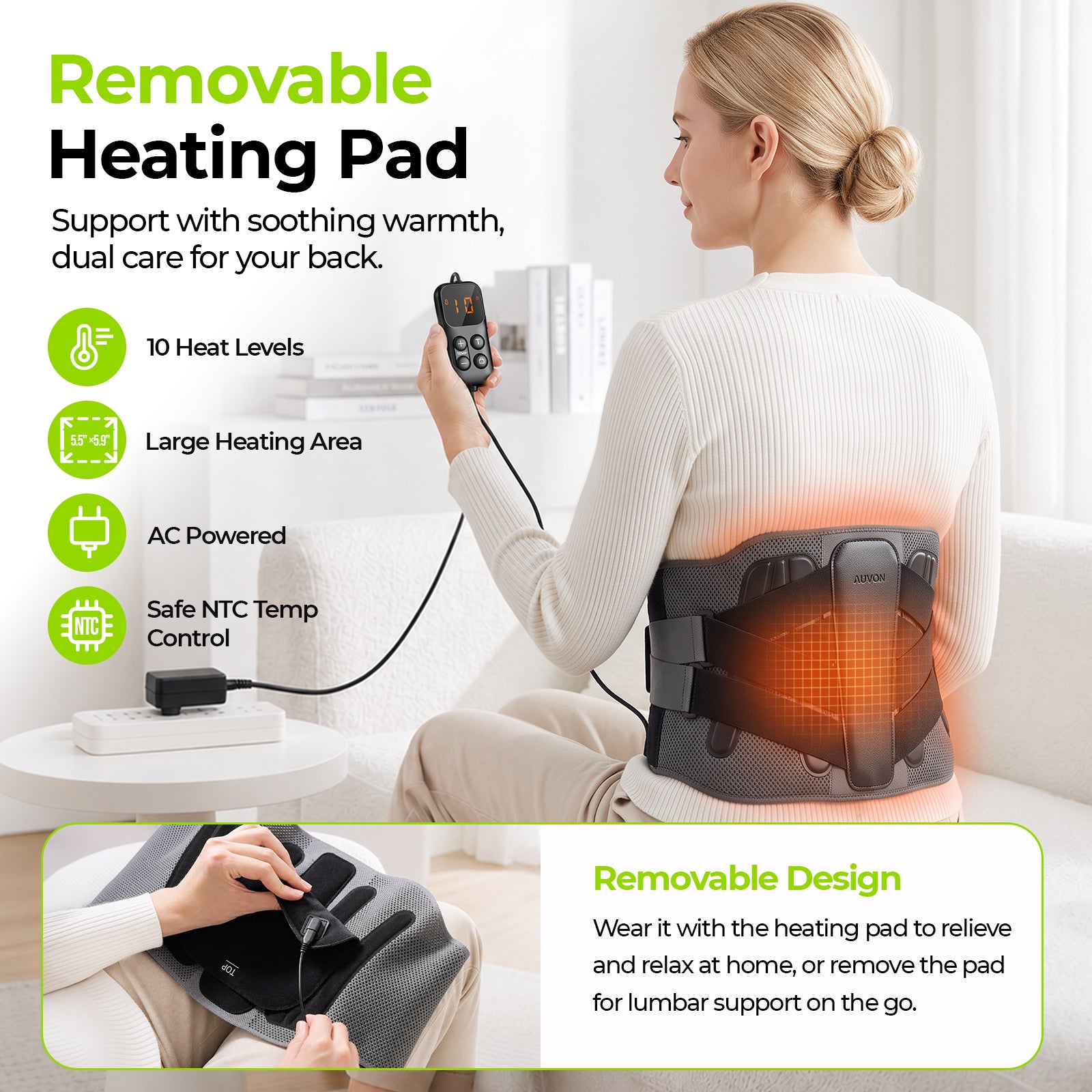 AUVON Back Brace for Lower Back Pain Relief, Removable Heating Pad to Relax Ergonomic 5-Stay Back Support Belt, Lumbar Support & Warmth for Men, Women, Breathable & Adjustable for Work, Heavy Lifting