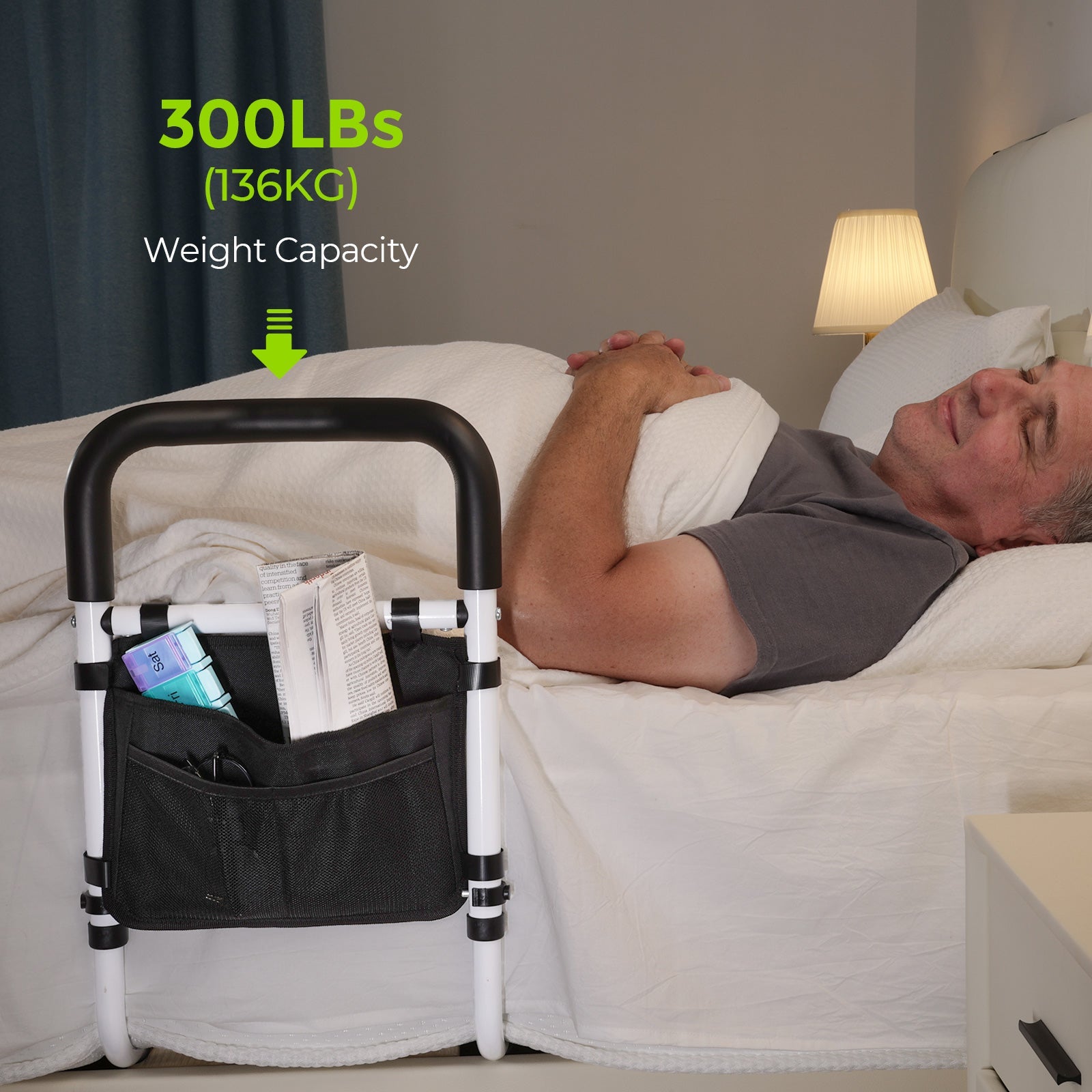 AUVON Bed Rails for Elderly Adults & Pregnant Women Safety, Adjustable Bed Assist Rail with Double Crossbeam, Ultra-high Bed Support Bar with Storage-pocket