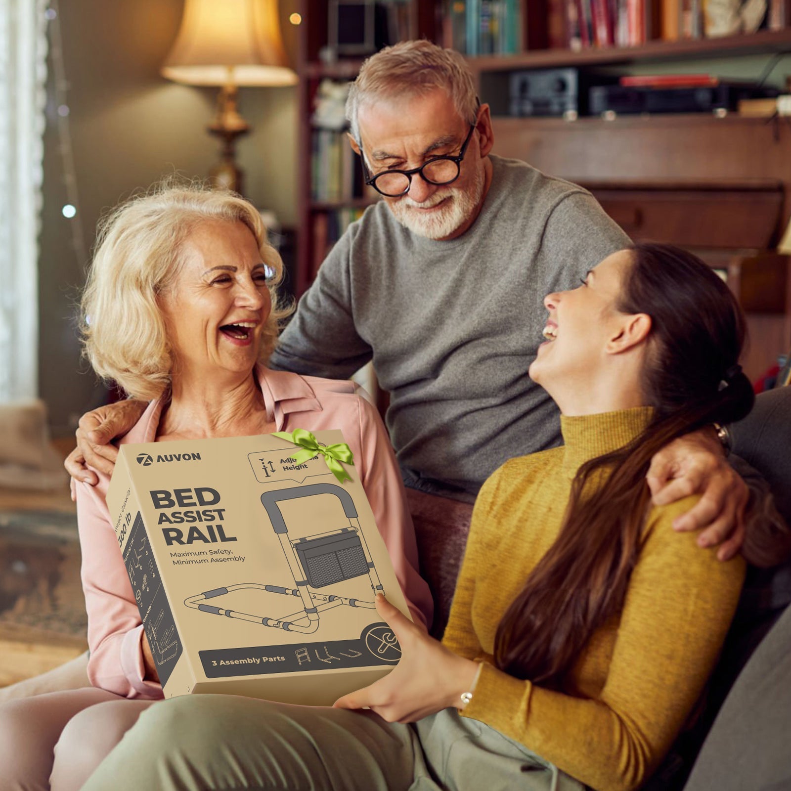 AUVON Bed Rails for Elderly Adults & Pregnant Women Safety, Adjustable Bed Assist Rail with Double Crossbeam, Ultra-high Bed Support Bar with Storage-pocket