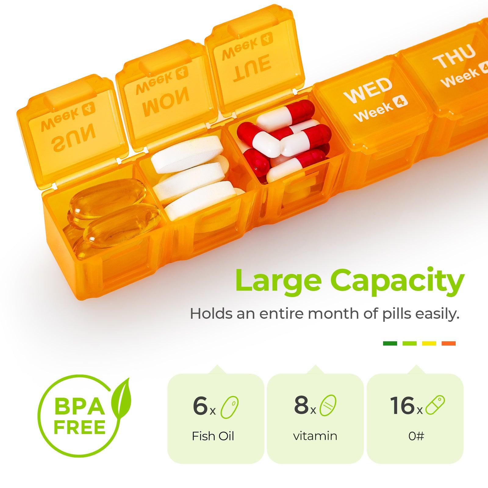 AUVON Moistureproof Monthly Pill Organizer, Travel-Friendly Weekly Pill Box with Removable 4 Weeks Pill Case Rows, Large 28 Days Pill Container for Fish Oils, Vitamins, Supplements and Medications - AUVON