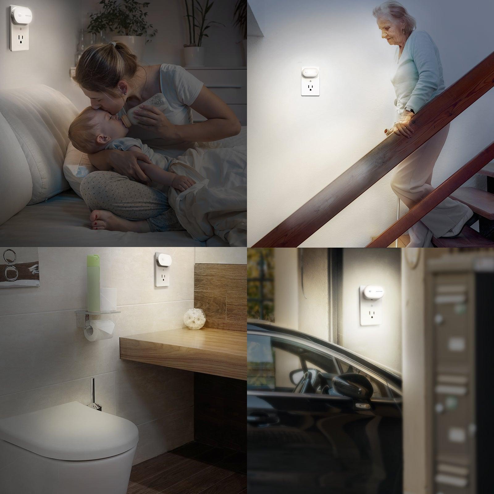 AUVON Night Light Plug in, Bright Motion Sensor Night Light (120 Lumens), Dimmable Smart LED Night Lights Plug Into Wall, 1-120lm Brightness Nightlight for Bathroom, Hallway, Garage, Toilet (4 Pack) - AUVON