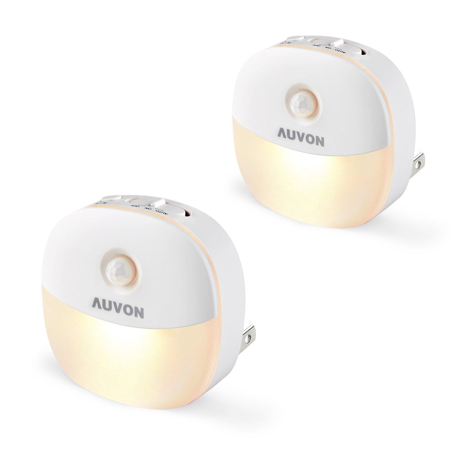 AUVON Plug-in LED Motion Sensor Night Light, Warm White LED Nightlight with Dusk to Dawn Sensor, Motion Sensor, Adjustable Brightness for Bedroom, Bathroom, Kitchen, Hallway, Stairs (2 Pack) - AUVON